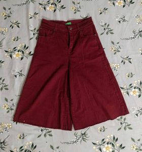 Benetton Maroon Wide-Leg Cropped Jeans