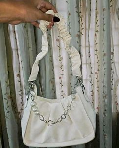Chic White Ruched Hobo Bag with Pearl Detail