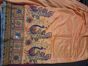 Embroidered yellow red  Peacock Saree