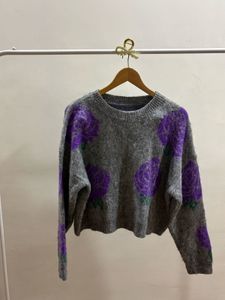 Grey &amp; Purple Floral Rose Print Jumper