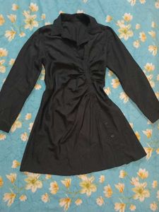 Chic Black Ruched Shirt Dress