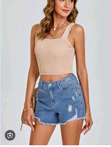 Stylish Smocked Crop Top & Ripped Denim Shorts