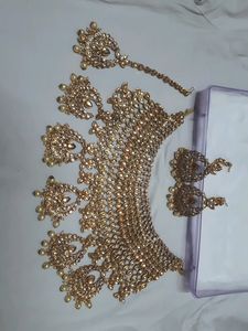 Golden Kundan Necklace With Earrings And Maangtika