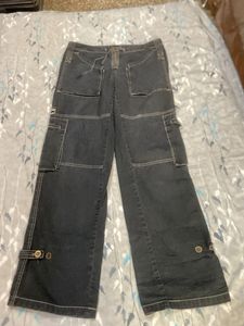 Dark Wash Cargo Pants with Drawstring Waist