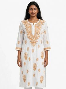 🌼✨ WHITE & MUSTARD CHIKANKARI LONG KURTI