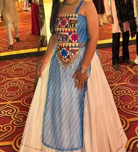 Blue Striped Lehenga Choli with Elephant Print