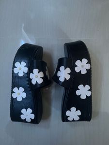 Black Wedge Sandals with Flower Design