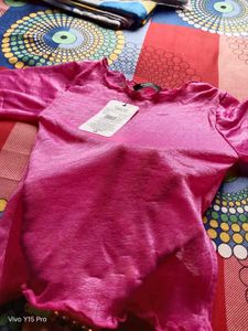 Vibrant Pink Mesh Crop Top with Lettuce Hem
