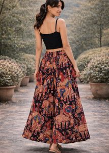 Boho Elephant Print Maxi Skirt with Slit