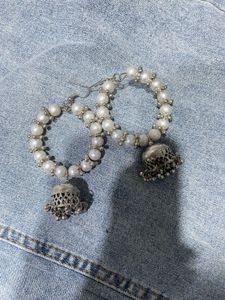 Elegant Pearl &amp; Silver Jhumka Set