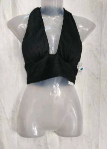 17216. Black Halter Neck Plisse Crop Top