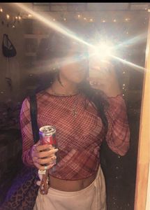 STYLISH SAVANA Y2k Sheer Plaid Long Sleeve Top