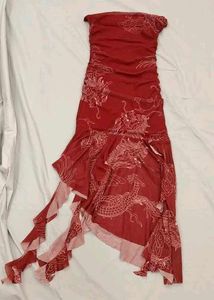 Red Dragon Print Strapless Dress