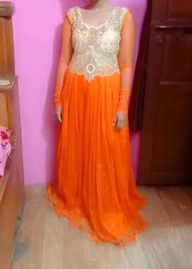 Elegant Orange & Gold Evening Gown