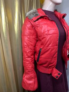 Red Puffer Jacket with Fur Trim