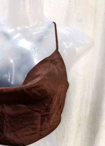 satin brown cowl neck top