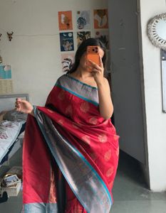 Elegant Red Saree with Grey Border
