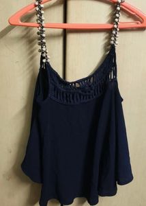 Navy Blue Embellished Strap Tank Top