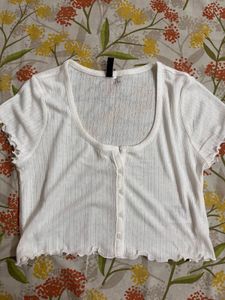 White Ribbed Button-Up Crop Top