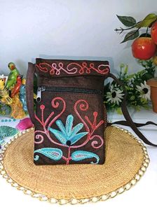 Brown Embroidered Sling Bag
