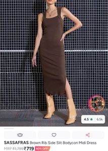 Brown Ribbed Bodycon Midi Dress