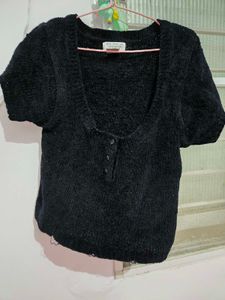 Black Textured Button-Up Top