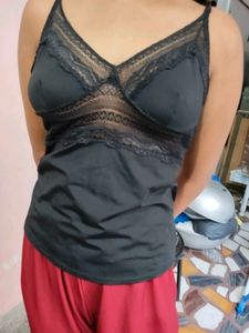 Lace Trimmed Black Camisole Slip