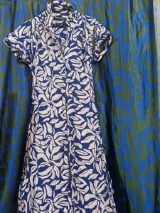 Blue Leaf Print Shirt Dress