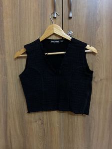 Black Textured Vest V-Neck Crop Top