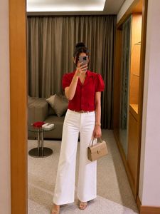 Chic Red Collared Puff Sleeve Top