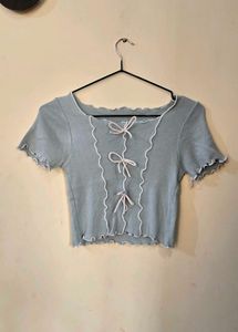 🌸 Pastel Blue Ribbed Coquette Crop Top 🎀