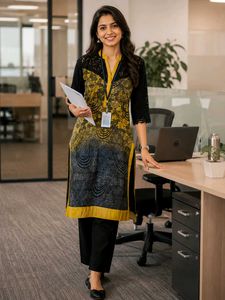 Yellow & Black Printed Kurta with Lace Sleeves