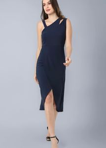 Navy Blue One-Shoulder Dress with Slit