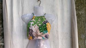 19810. Tropical Print Halter Neck Crop Top