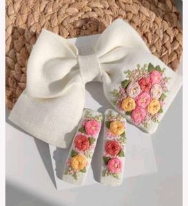 Chic Embroidered Bow Hair Clips