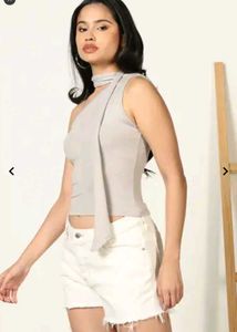 One Shoulder Crop Top with Scarf Detail