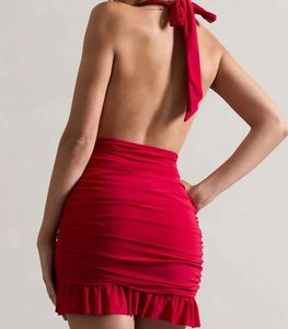 Red Halterneck Ruched Mini Dress