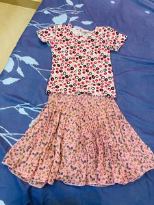 Cute Floral Skirt & Circle Print Top Set