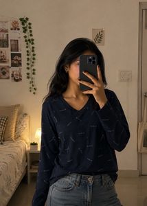 Comfortable Navy Blue Printed Long Sleeve Top