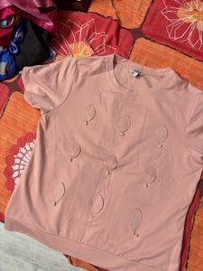 Pink Pearl Leaf Embellished T-Shirt