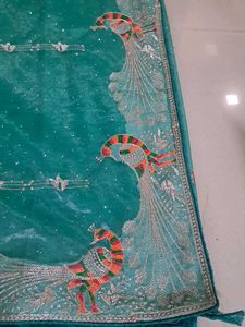 Stunning Teal Embroidered Peacock Saree