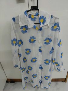 mesh White Daisy Print Button-Up Shirt