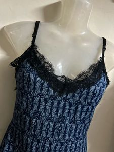 Blue Printed Slip Dress with Lace Trim