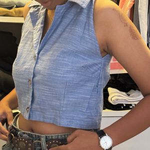 Blue Cropped Collared Shirt