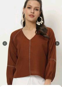 Brown V-Neck Cotton Top with Stitch Detail
