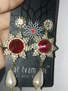 Stunning Red &amp; Pearl Dangle Earrings