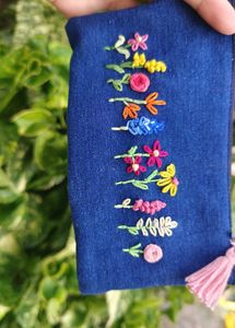 Embroidered Floral Blue Pouch