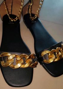 Black Partywear Flats With Gold Chains