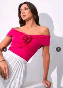 Hot Pink Off-Shoulder Top with Floral Accent