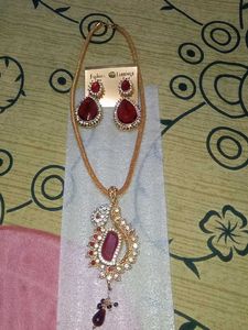 Elegant Ruby Pendant Necklace & Earrings Set